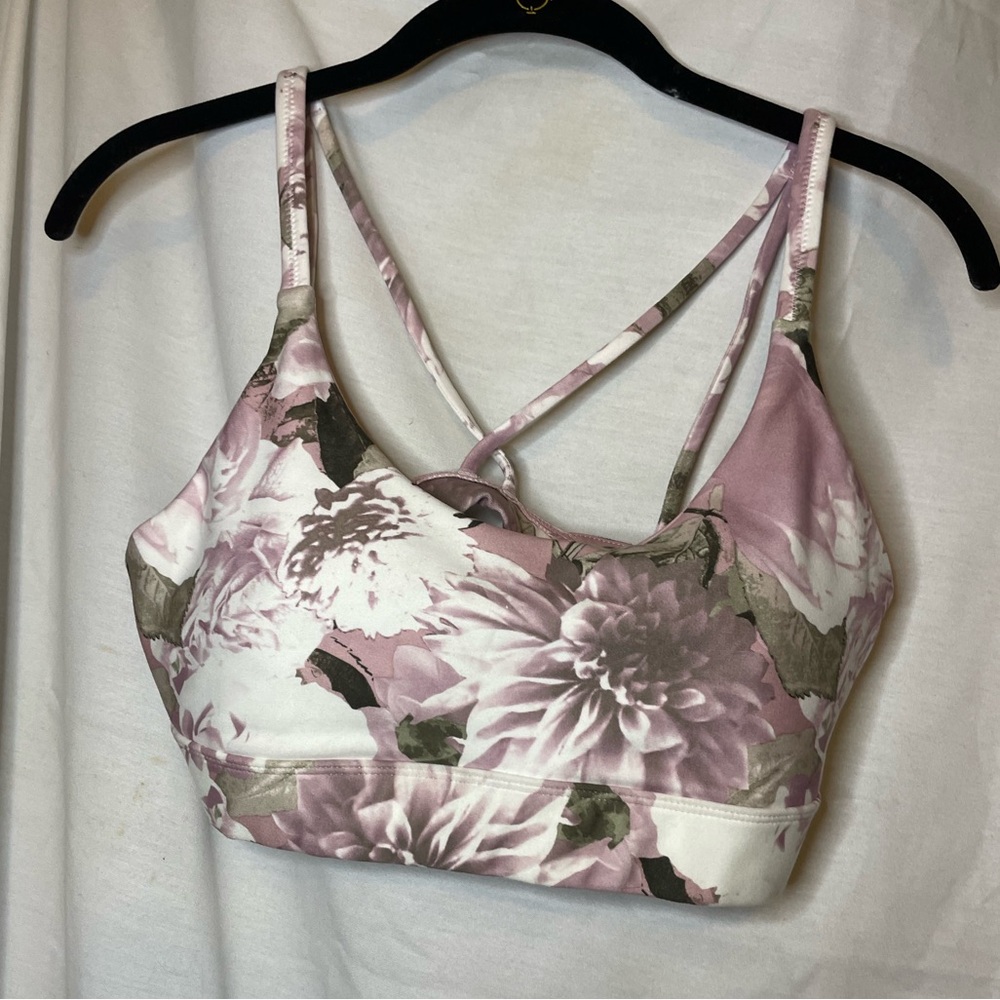NWOT Marika Mauve Pink Gray White Floral Sports Bra w Removable Cups Size M